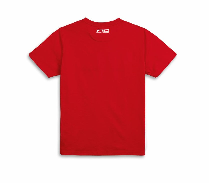 Red t-shirt with a logo on the chest area. Ducati 100 Anniversary T-Shirt