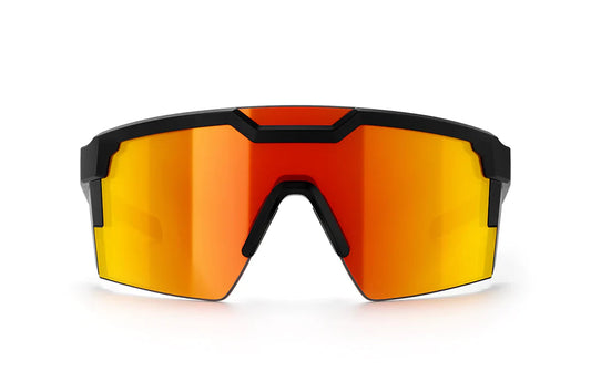 Sunglasses with orange reflective lenses . HEATWAVE FUTURE TECH SUNGLASSES BLACK: SUNBLAST