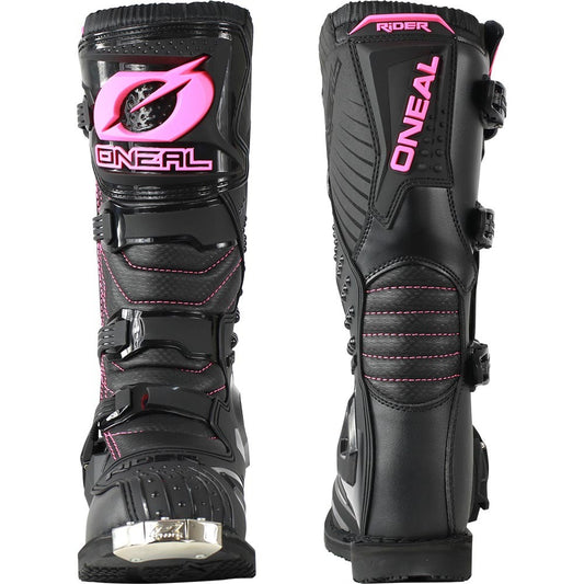 Black motocross boots with pink accents and 'O'Neal' branding. Oneal Riders Ladies Black / Pink Boots. ladies motocross. womens offroad boots.