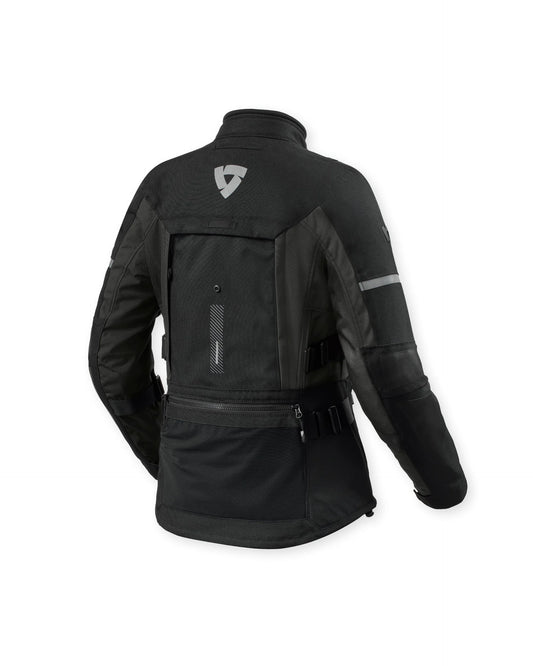 Black motorcycle jacket with reflective tabs. ladies motrcycle jacket. REV'IT! Sand 5 H2O Ladies Jacket. adventure jacket women.