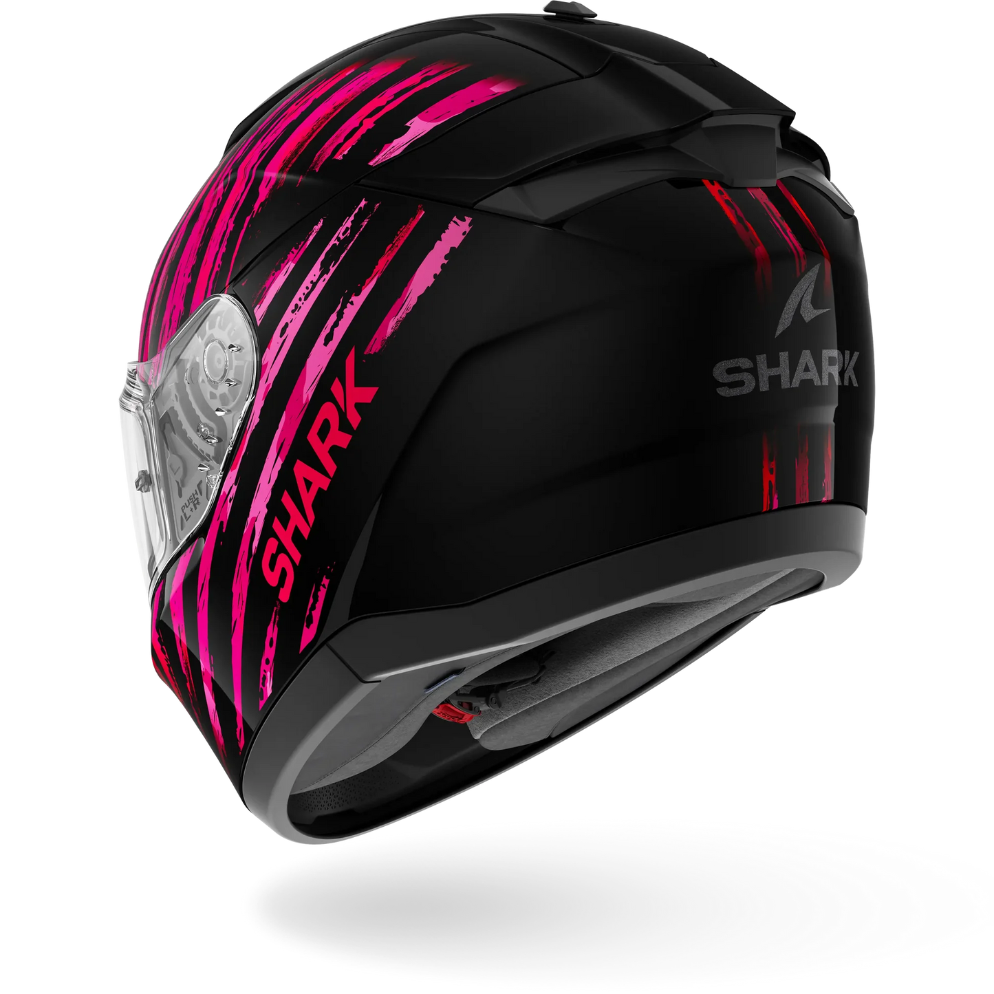 Black motorcycle helmet with pink accents and 'Shark' . Shark Ridill 2 Assya . black and pink helmet. shark helmets. motorcycle helmets.