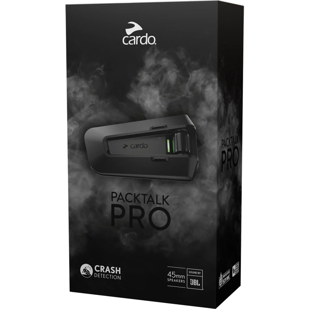 Cardo Packtalk Pro packaging with product image and branding on a dark background