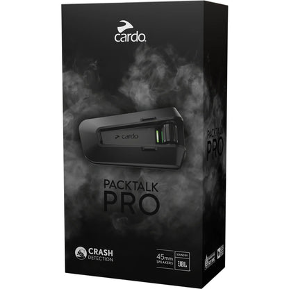 Cardo Packtalk Pro packaging with product image and branding on a dark background