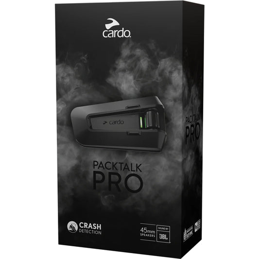 Cardo Packtalk Pro packaging with product image and branding on a dark background