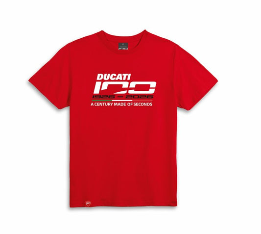 Red t-shirt with white Ducati Centenary logo . Ducati 100 Anniversary T-shirt