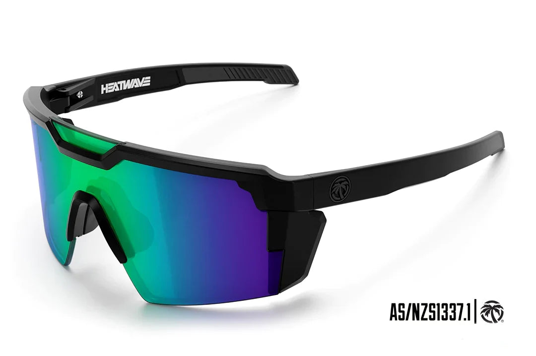 Sunglasses with black frame and green and purple lense. FUTURE TECH SUNGLASSES BLACK: Piff. heatwave sunglasses. safety. 