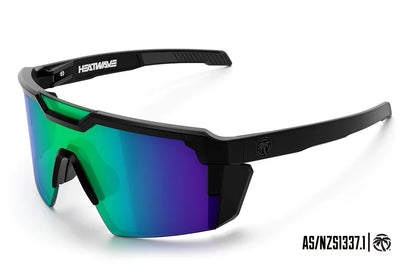 Sunglasses with black frame and green and purple lense. FUTURE TECH SUNGLASSES BLACK: Piff. heatwave sunglasses. safety. 