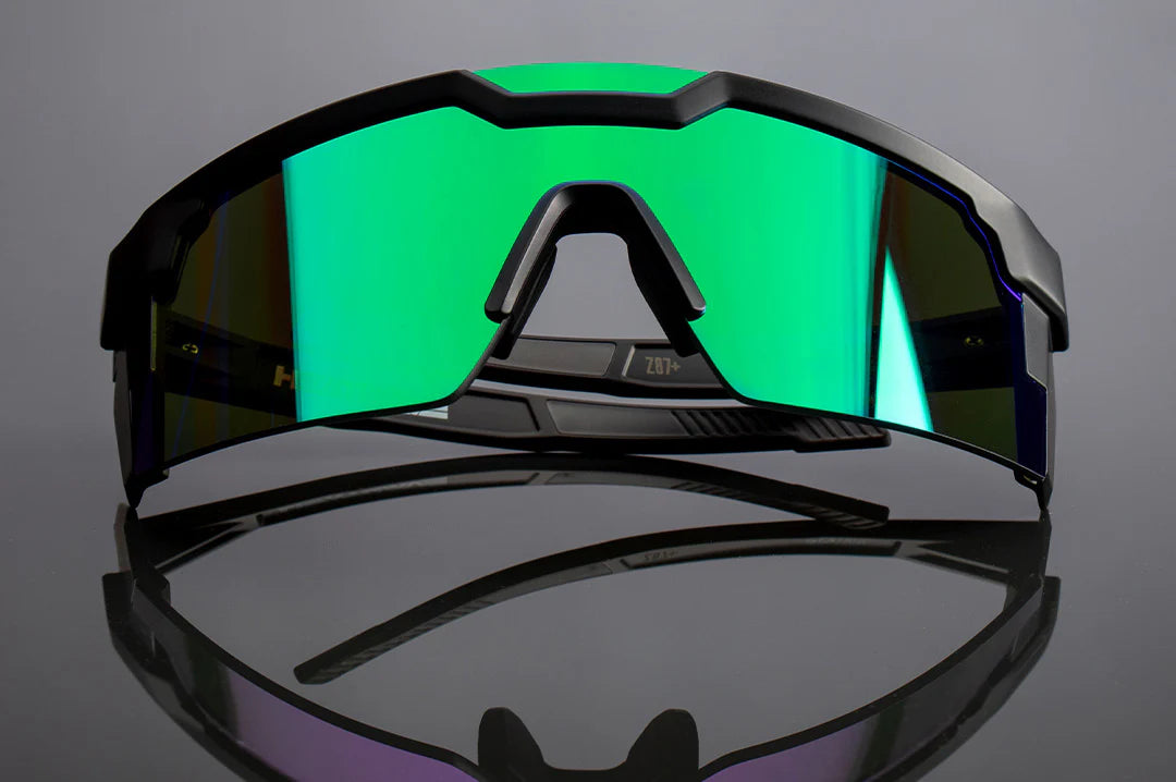 Sunglasses with black frame and green and purple lense. FUTURE TECH SUNGLASSES BLACK: Piff. heatwave sunglasses. safety. 