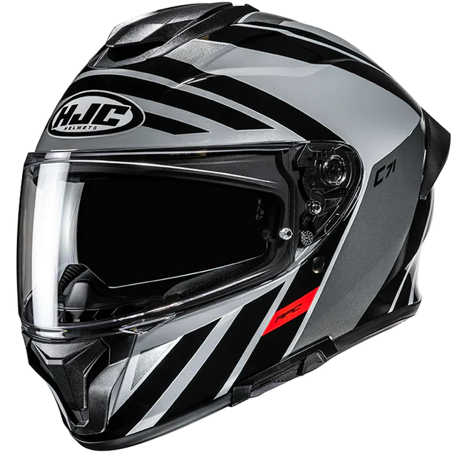 HJC motorcycle helmet with black, gray, and red design. c71 FABER