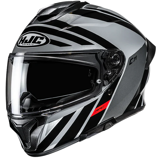 HJC motorcycle helmet with black, gray, and red design. c71 FABER
