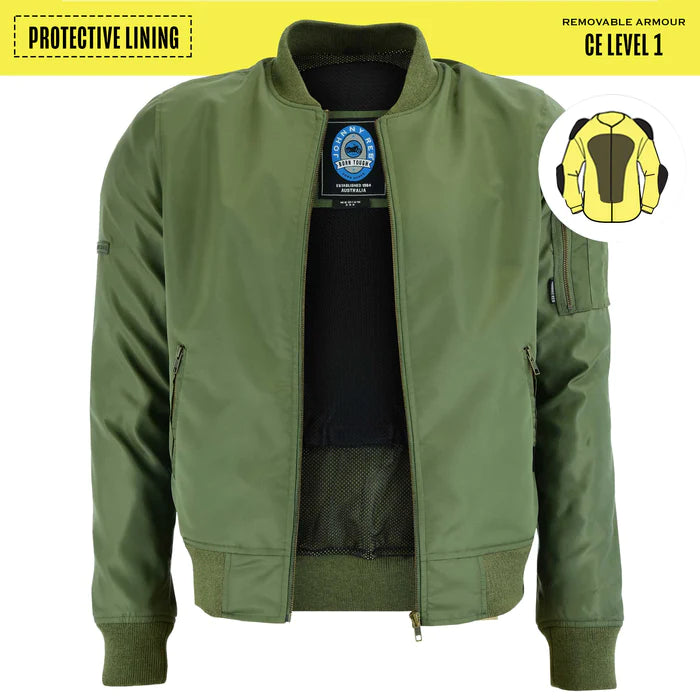 HOUSE OF MOTORCYCLES | PROTECTIVE BOMBER JACKET MILITARY GREEN | JOHNNY REB