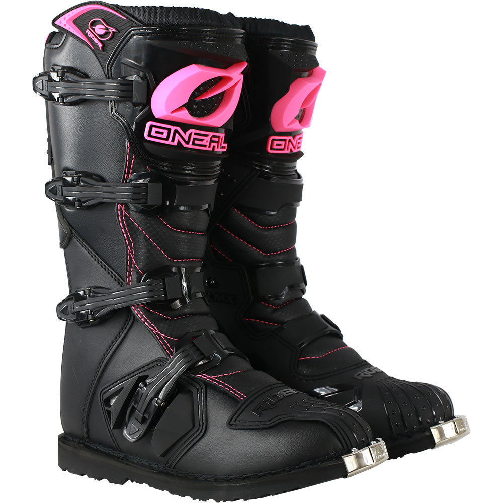 Black motocross boots with pink accents and 'O'Neal' branding. Oneal Riders Ladies Black / Pink Boots. ladies motocross. womens offroad boots. 