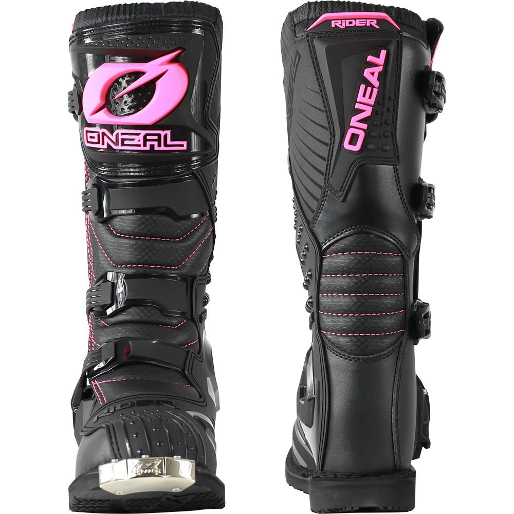 Black motocross boots with pink accents and 'O'Neal' branding. Oneal Riders Ladies Black / Pink Boots. ladies motocross. womens offroad boots. 