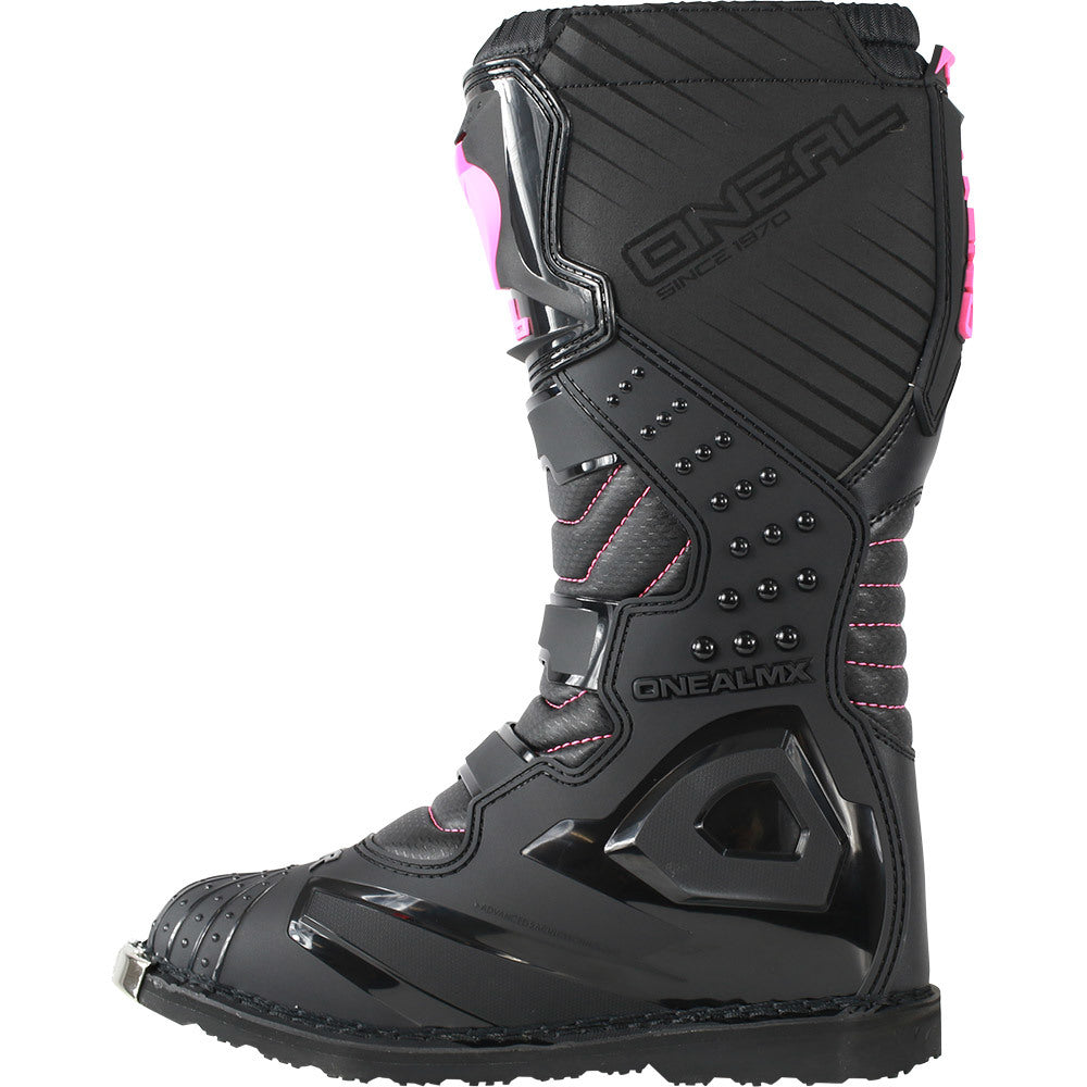 Black motocross boots with pink accents and 'O'Neal' branding. Oneal Riders Ladies Black / Pink Boots. ladies motocross. womens offroad boots. 