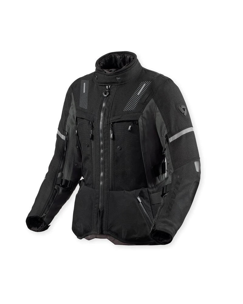 Black motorcycle jacket with reflective tabs. ladies motrcycle jacket. REV'IT! Sand 5 H2O Ladies Jacket. adventure jacket women. 