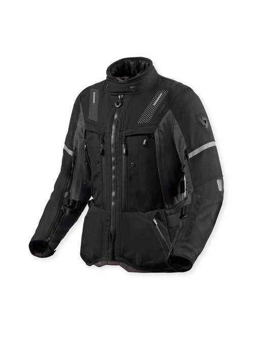 Black motorcycle jacket with reflective tabs. ladies motrcycle jacket. REV'IT! Sand 5 H2O Ladies Jacket. adventure jacket women. 