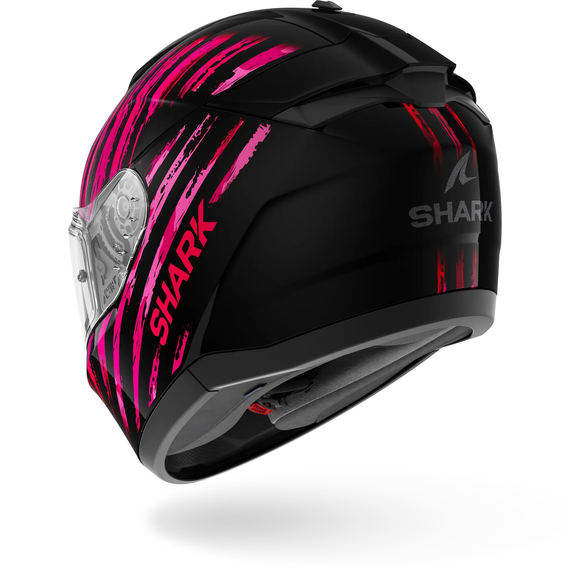 Black motorcycle helmet with pink accents and 'Shark' . Shark Ridill 2 Assya . black and pink helmet. shark helmets. motorcycle helmets. 