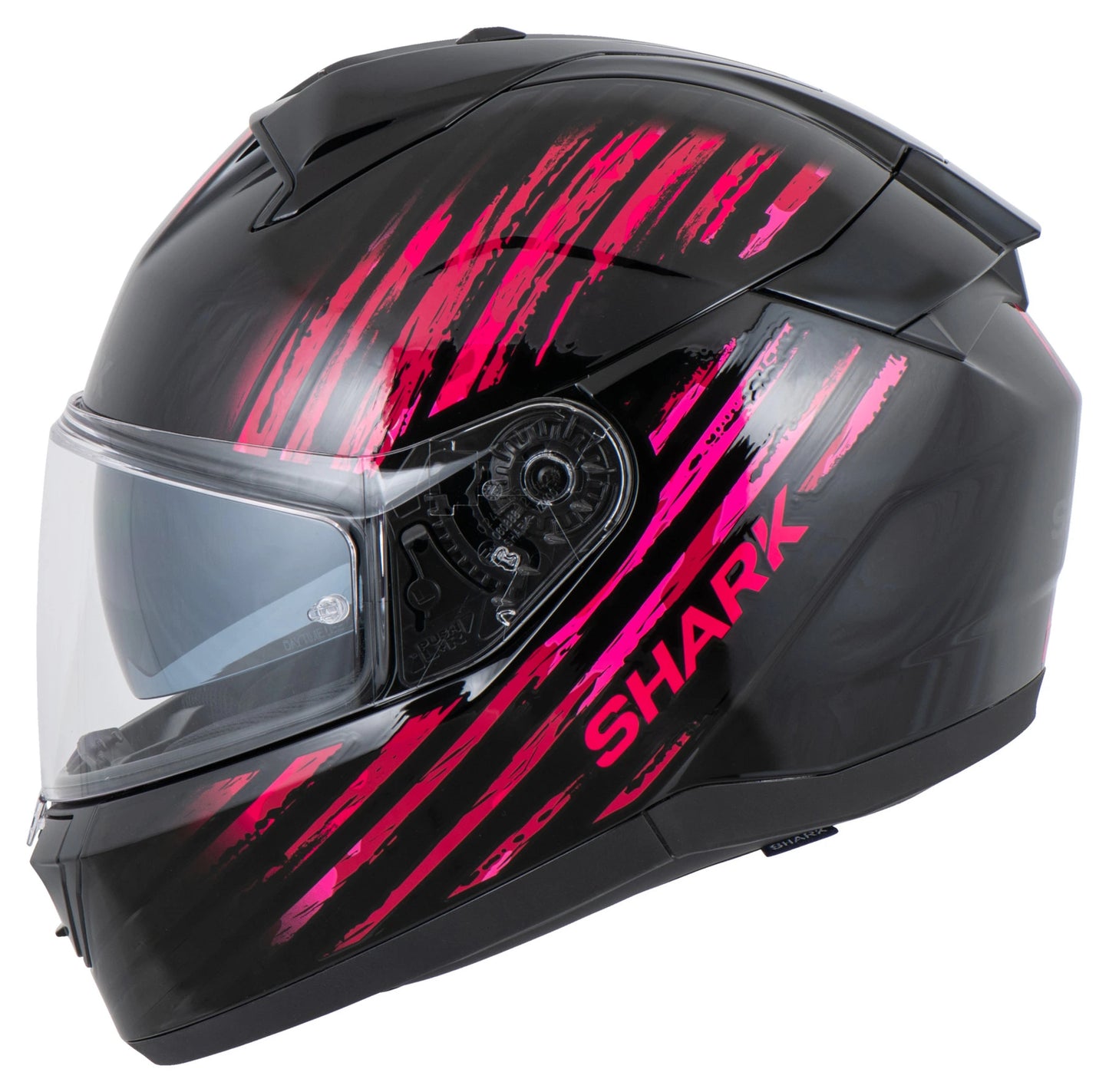 Black motorcycle helmet with pink accents and 'Shark' . Shark Ridill 2 Assya . black and pink helmet. shark helmets. motorcycle helmets. 