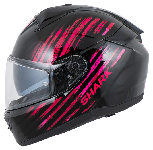 Black motorcycle helmet with pink accents and 'Shark' . Shark Ridill 2 Assya . black and pink helmet. shark helmets. motorcycle helmets. 