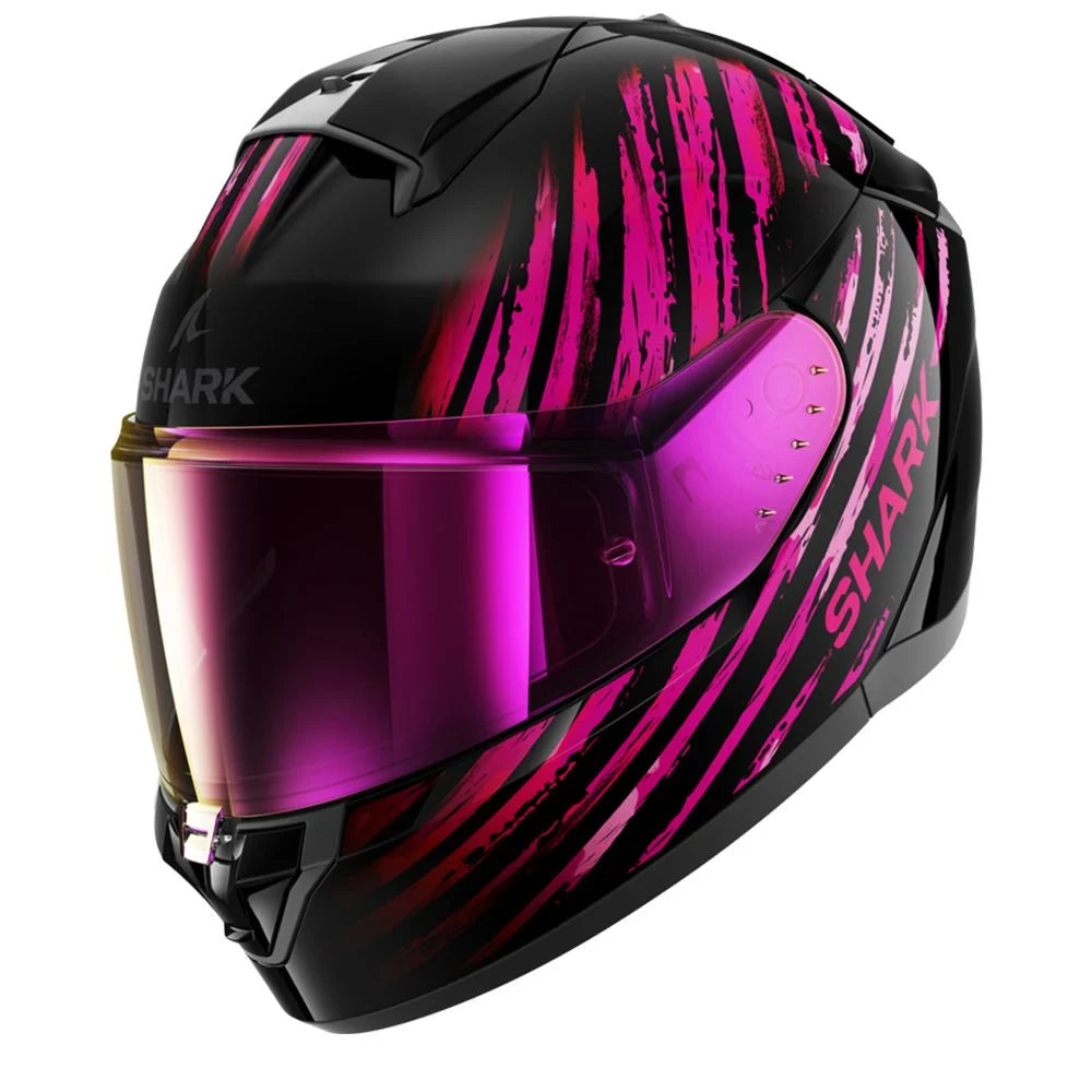 Black and pink motorcycle helmet with 'Shark' branding. Shark Ridill 2 Assya. black violet